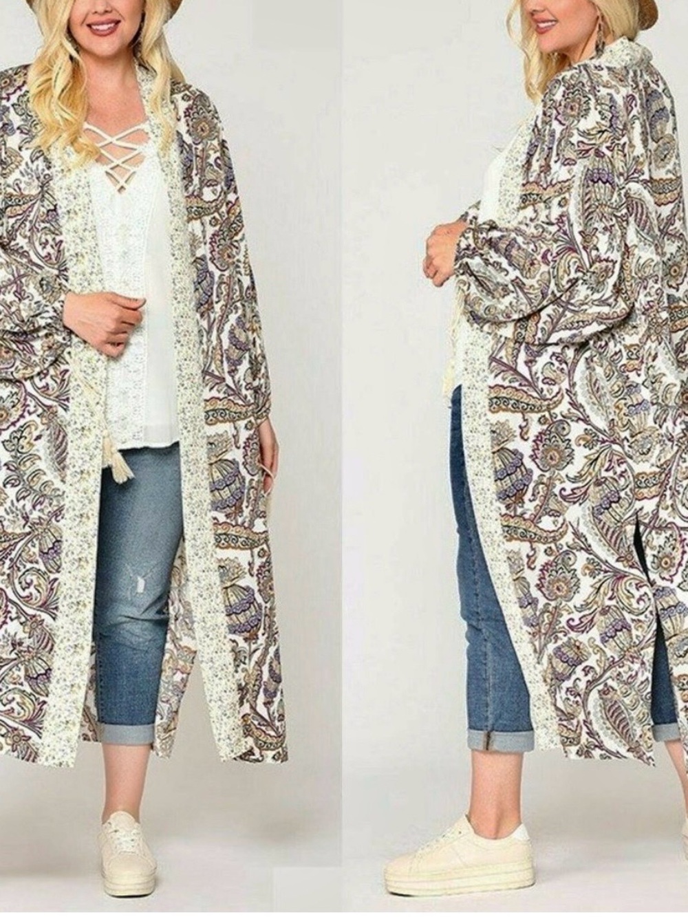 GIGIO USA Womens Boho Maxi Long Robe Kimono Paisley Open Front Duster Medium